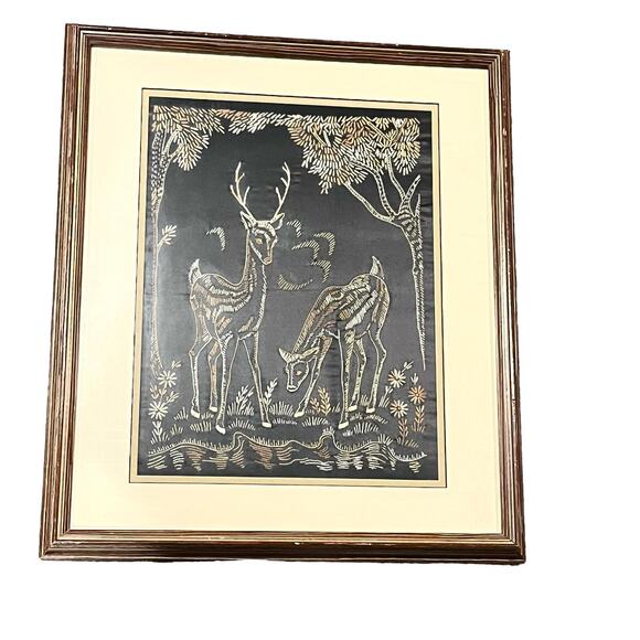 VTG 1930s Embroidery Under Glass DEER ART Framed Doe Buck Forest Stream 18.5x22" - Picture 8 of 9